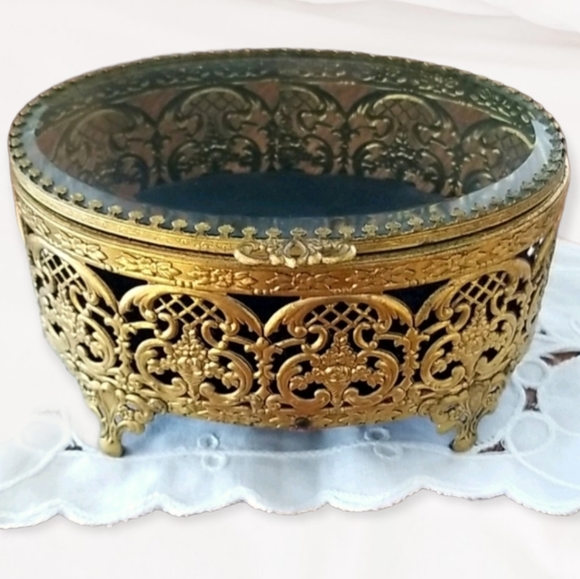 Vintage Leaded Glass Brass Footed Filigree Velvet Lined Jewelry Box Casket